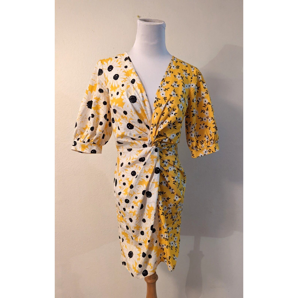New ASOS sz 4 Cotton Poplin Twist Front Mini Dress mixed daisy puff sleeves L2